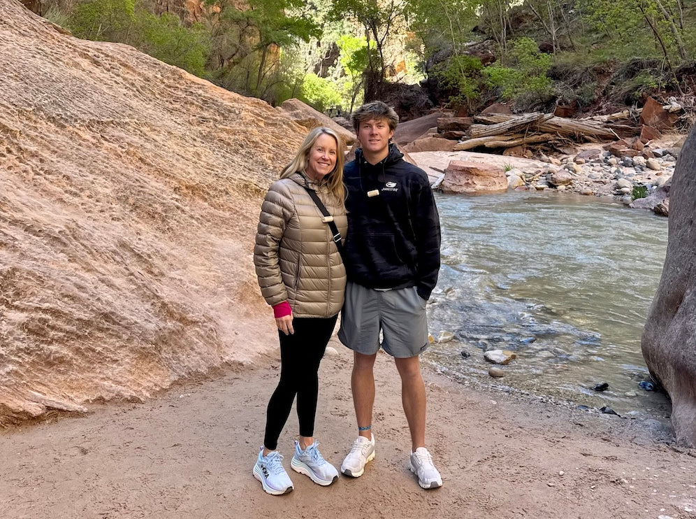 Erin McClaskey and her son hiking in Zion Narrows Utah — KORKZ cork sunglass strap customer review
