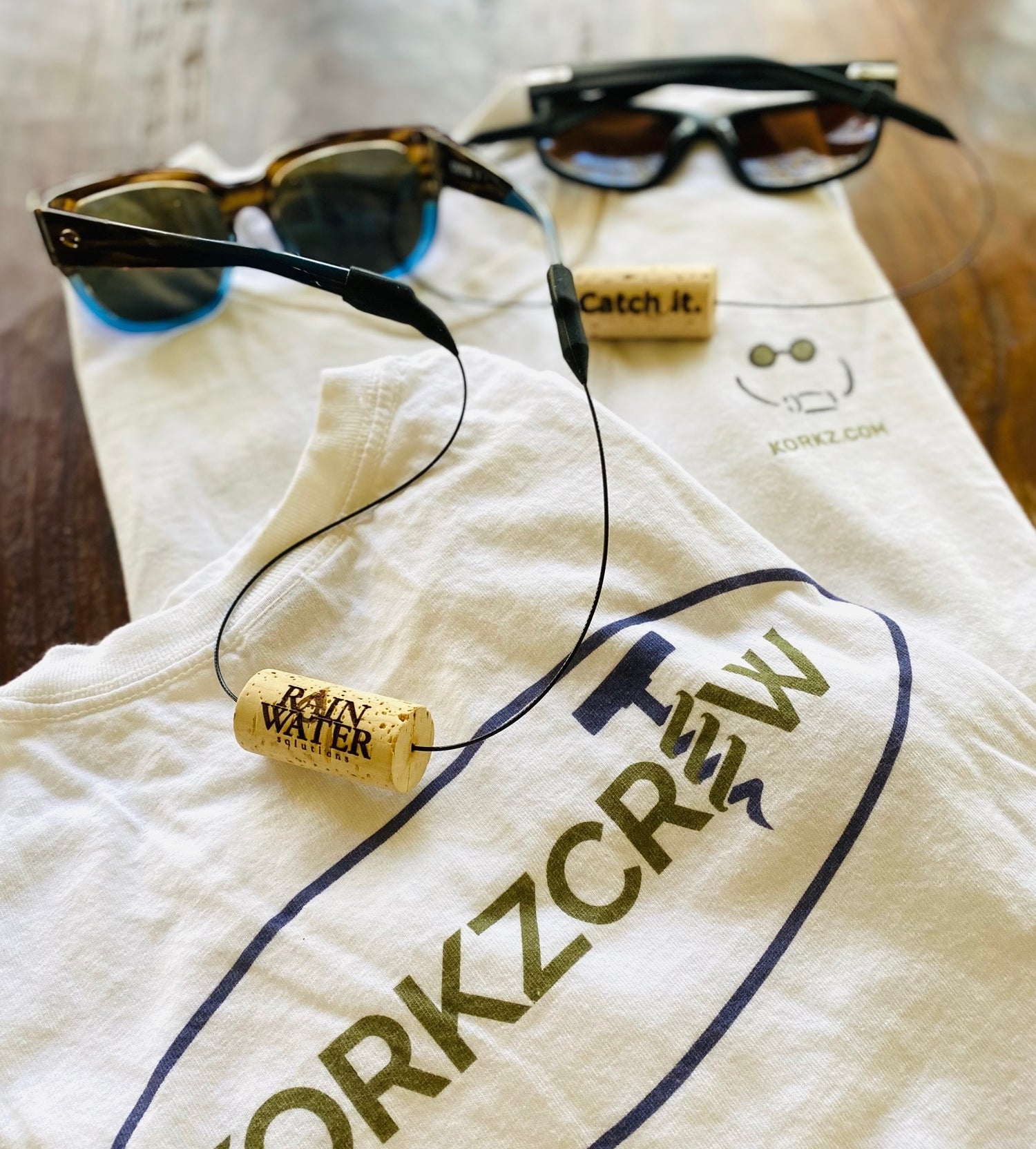 Custom KORKZ wine cork sunglass strap laser engraved for Rainwater Solutions Raleigh North Carolina