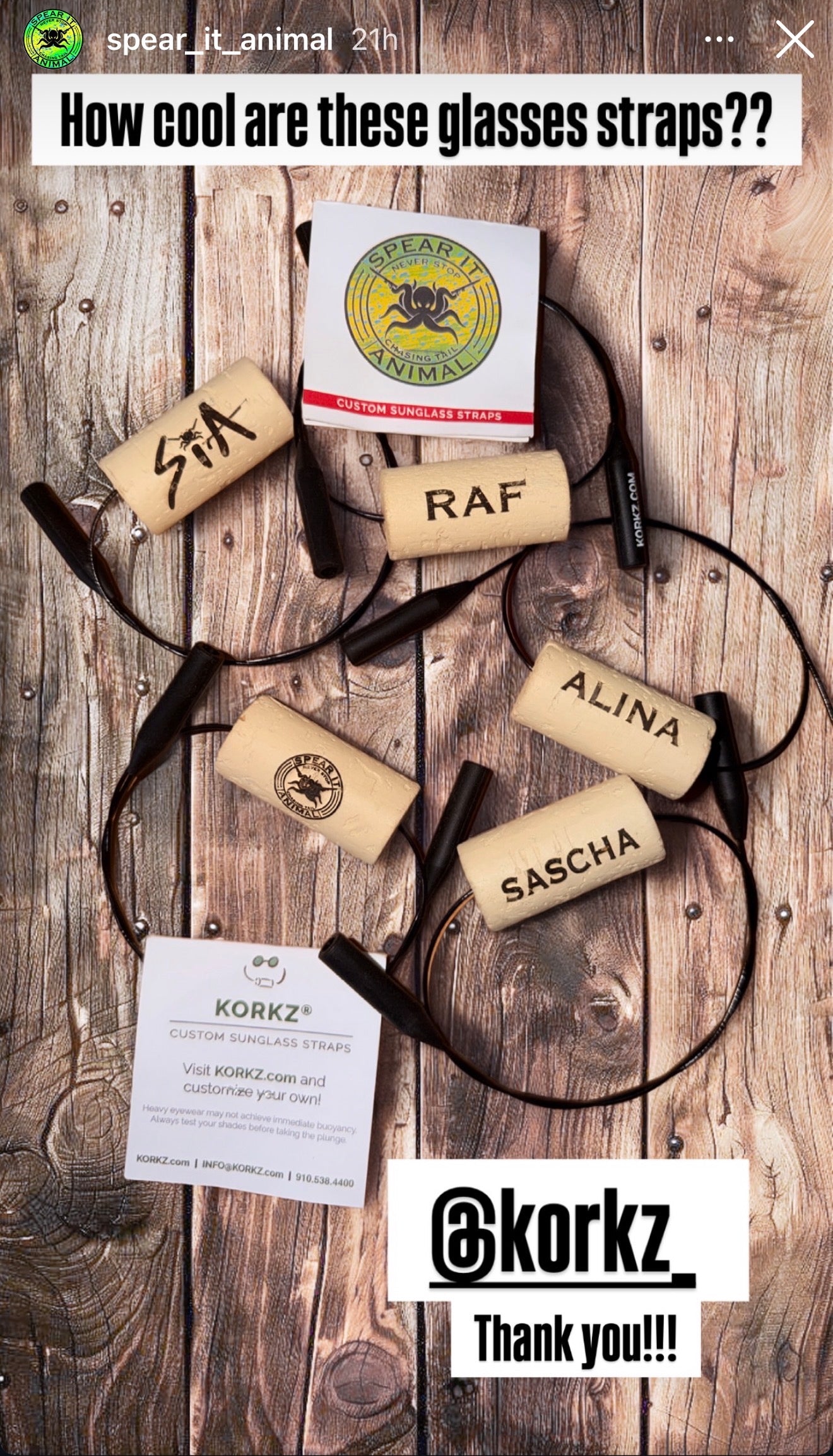 Spear It Animal Instagram story featuring KORKZ custom sunglass straps